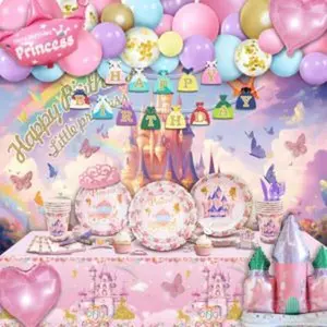 208 pcs princess birthday party decorations for girl 12 tableware sets castle balloons balloon arch disposable paper plates backdrop balloon pump princess party decorations