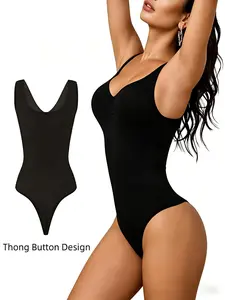 Women's Seamless V Neck Bodysuit with Sleeveless Waist Cincher and Hidden Padding, Full-Body Shaping Bodysuit and Seamless Tank Top, Ribbed Fashion Lingerie for Women