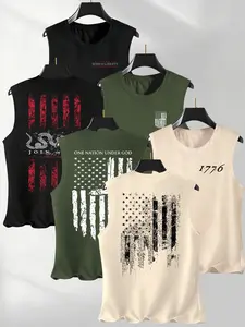 Summer Men's Casual Sleeveless Vest, Flag Letter Print, Outdoor Sports Wear, Daily Versatile, 3 Pack, Fitted Style, Tank Top Casual