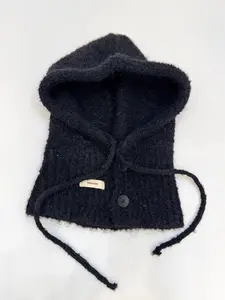 BLACK --Premium Knit Balaclava Winter Essential Ultra-Soft Plush Hood Button Accents Adjustable Ties Super Warm Lightweight Cozy One Size Fits All