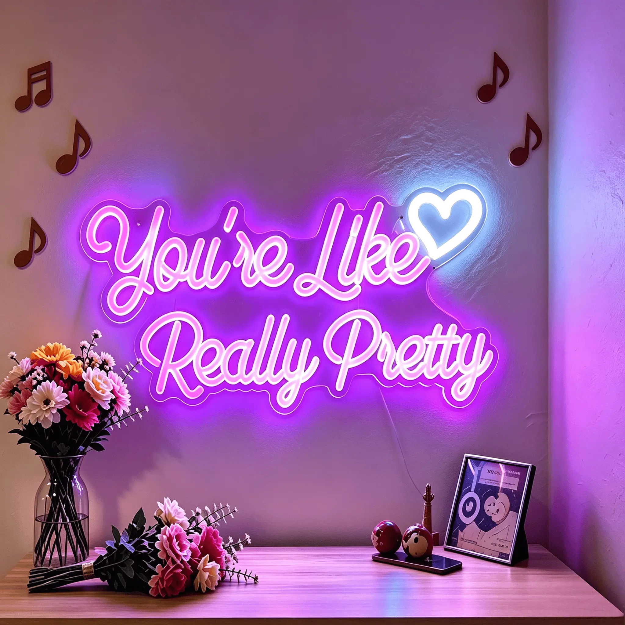 You're Like Really Pretty Neon Sign | Pink Purple Dimmable USB Powered LED Light with Heart, Easy to Hang Aesthetic Gift for Girls Bedroom Vanity Dorm Wall Decor