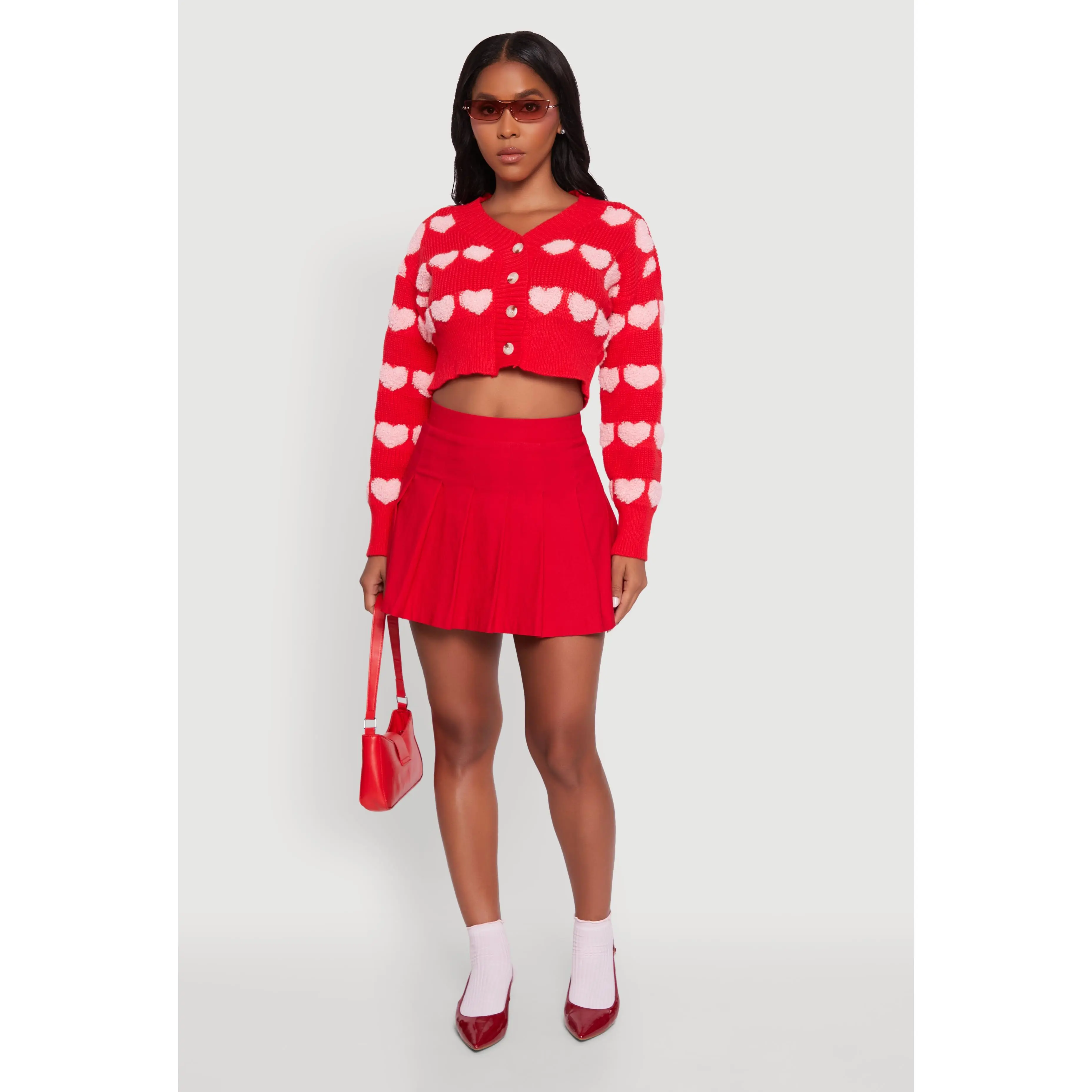 Chenille Heart Patterned Brushed Knit Cropped Cardigan
