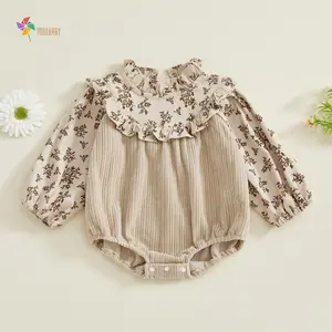 Baby Girls Fall Romper Floral Print Patchwork Long Sleeve Ruffled Frill Mock Neck Ruffled Jumpsuit  			 				