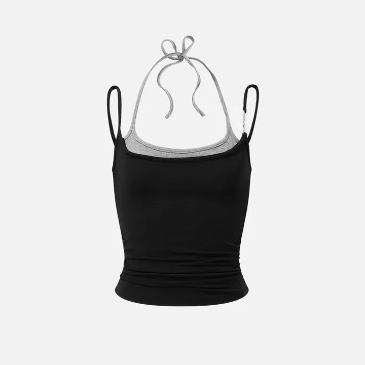 Aelfric Eden Layered Strap Cami Top Fake Two-Piece Halter Tie Design Side Ruched Waist Cropped Slim Fit Stretch Knit Fabric Y2K Edgy Streetwear Women's Camisole