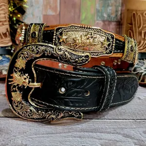 Bullrider Western Belt  Texas style rodeo  Cowboy Cowgirl/ star  Gold  genuine Leather sz Large black and gold.