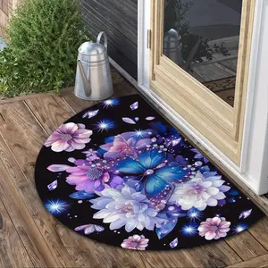 1pc Blue Butterfly & Purple Floral Semi-Circular Mat - Non-Slip Soft Polyester Mat with Black Background, Hand Washable Floor Mat for Entrance Door, Bathroom, Living Room, Laundry Room - Elegant Home Decor & Holiday/Birthday Gift Idea