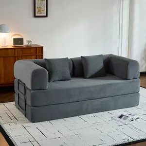 Convertible Sleeper Sofa Bed with Cylindrical Pillow, Corduroy Folding Mattress Couch with Fixed-Shape Frame, Floor Sofa Lounge Couch for Living Room Bedroom