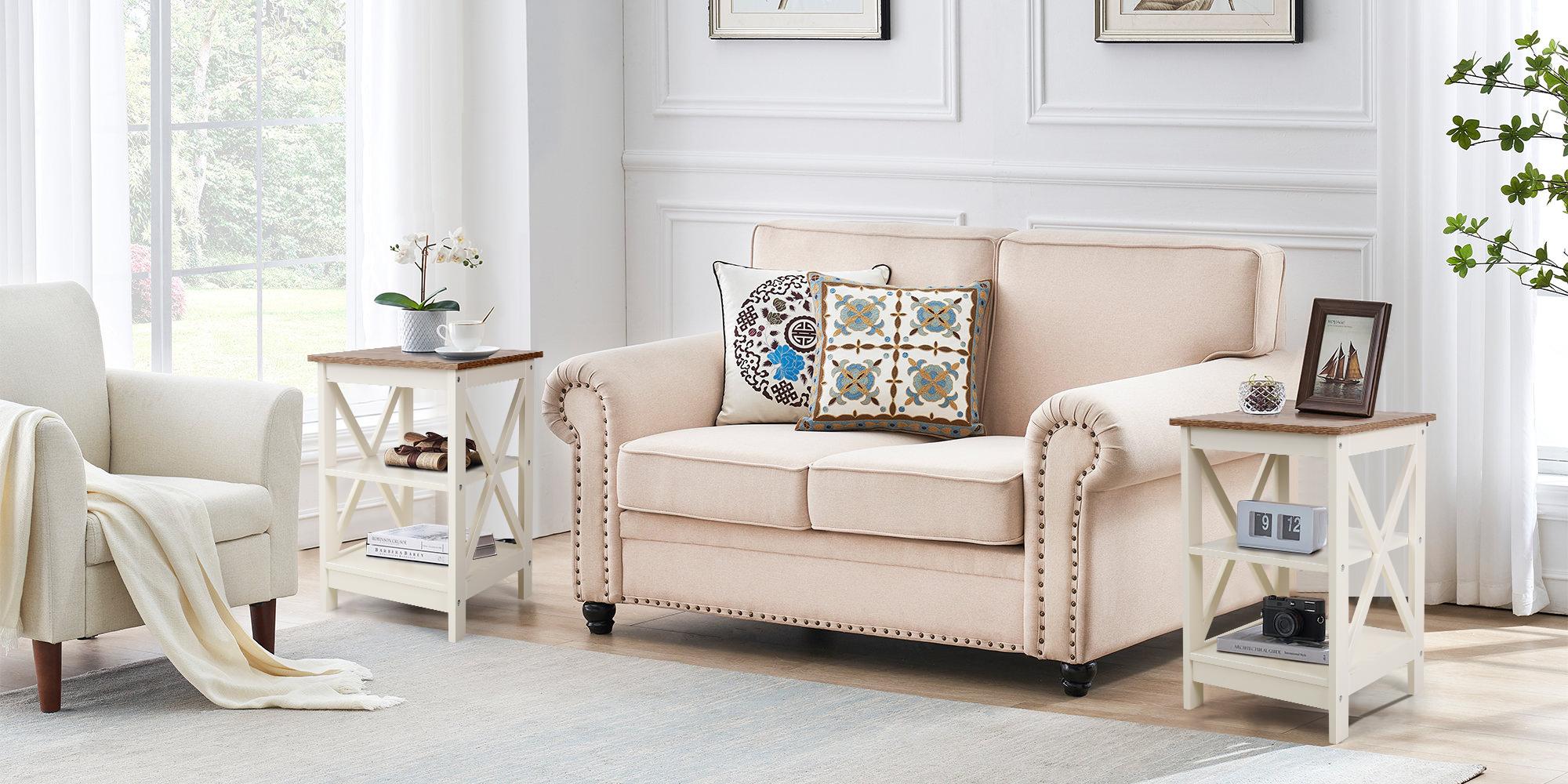 [Live] PHI VILLA End Table - Farmhouse Coffee Table with X-Shaped Design, Versatile Storage For Living Room Shelf Decoration Minimalist