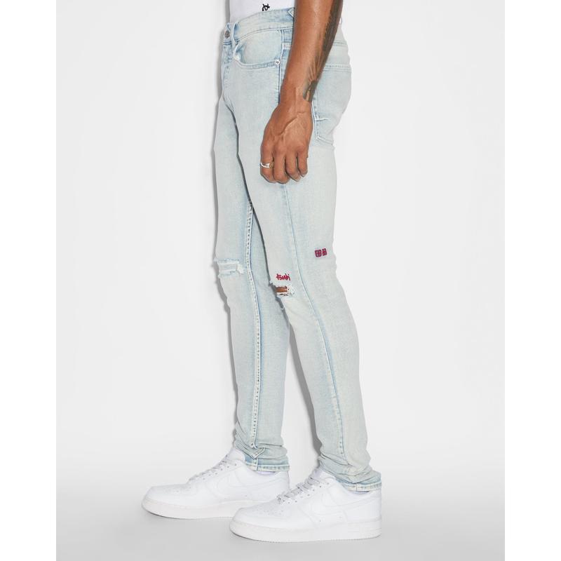 KSUBI VANWINKLE BLUE ICE Menswear Fitted Denim Jeans with Embroidered Logo & Stretch Fabric for All Seasons