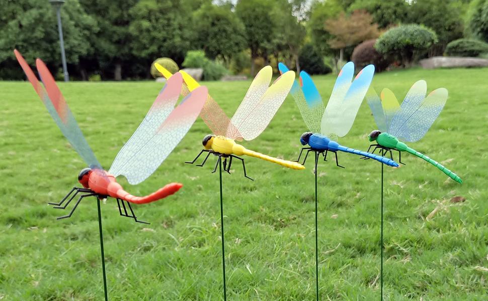 12 Pack Dragonfly Rod-Clip,3D Dragonfly Garden Stakes Decor,Fly Deterrent,Dragonfly Humming Bird Stakes,Deer and Horse,Bird and Fly Scare Devices for Indoor Outdoor Garden