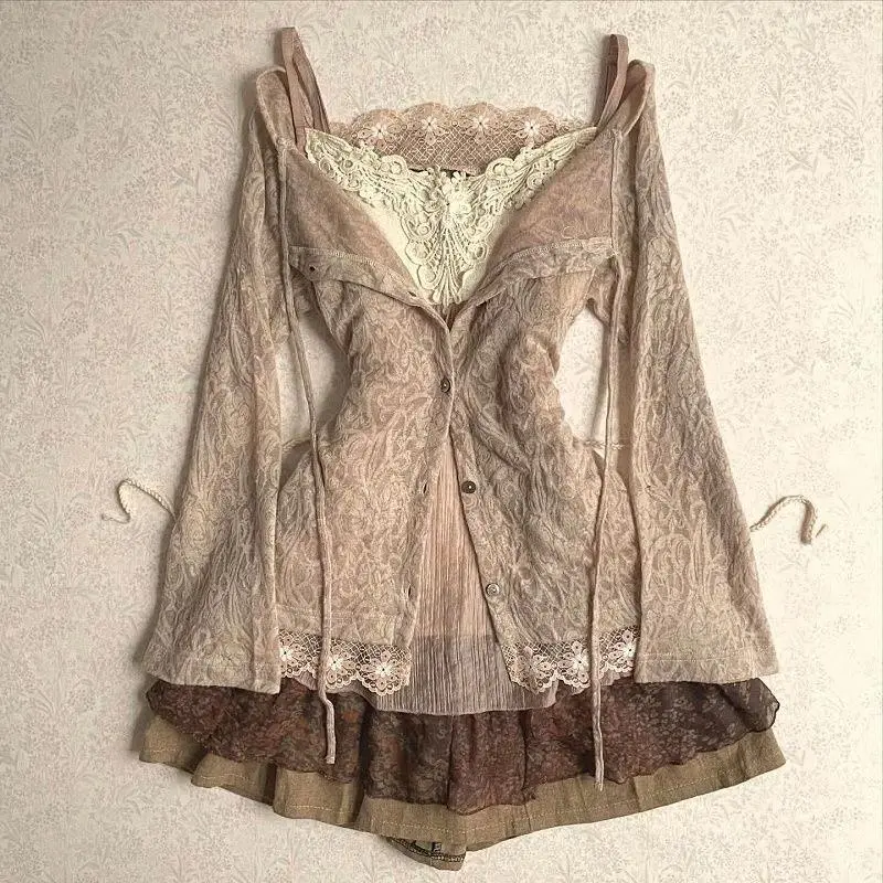 Summer Vintage 2-Piece Set Dresses Japanese Harajuku Y2k 2000s Sweet Coat+Dress Slim Lace Sexy Punk Goth Girl Elegant Skirt Chic