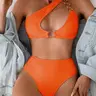 Women's One-Shoulder Bikini Set, Colorblock Design, Chain Strap, Summer Beachwear, Single Piece Swimsuit, Fashionable Swimwear, Swimsuit For Beach, One Shoulder Swimsuits, Beach Swimwear Clothes