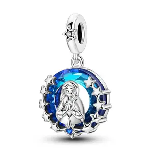 MULA 925 silver Virgin Mary crystal ring pendant | Suitable for Pandora bracelets | Religious beliefs | Blue star ring luminous design | Prayer and blessing jewelry | Gift selection