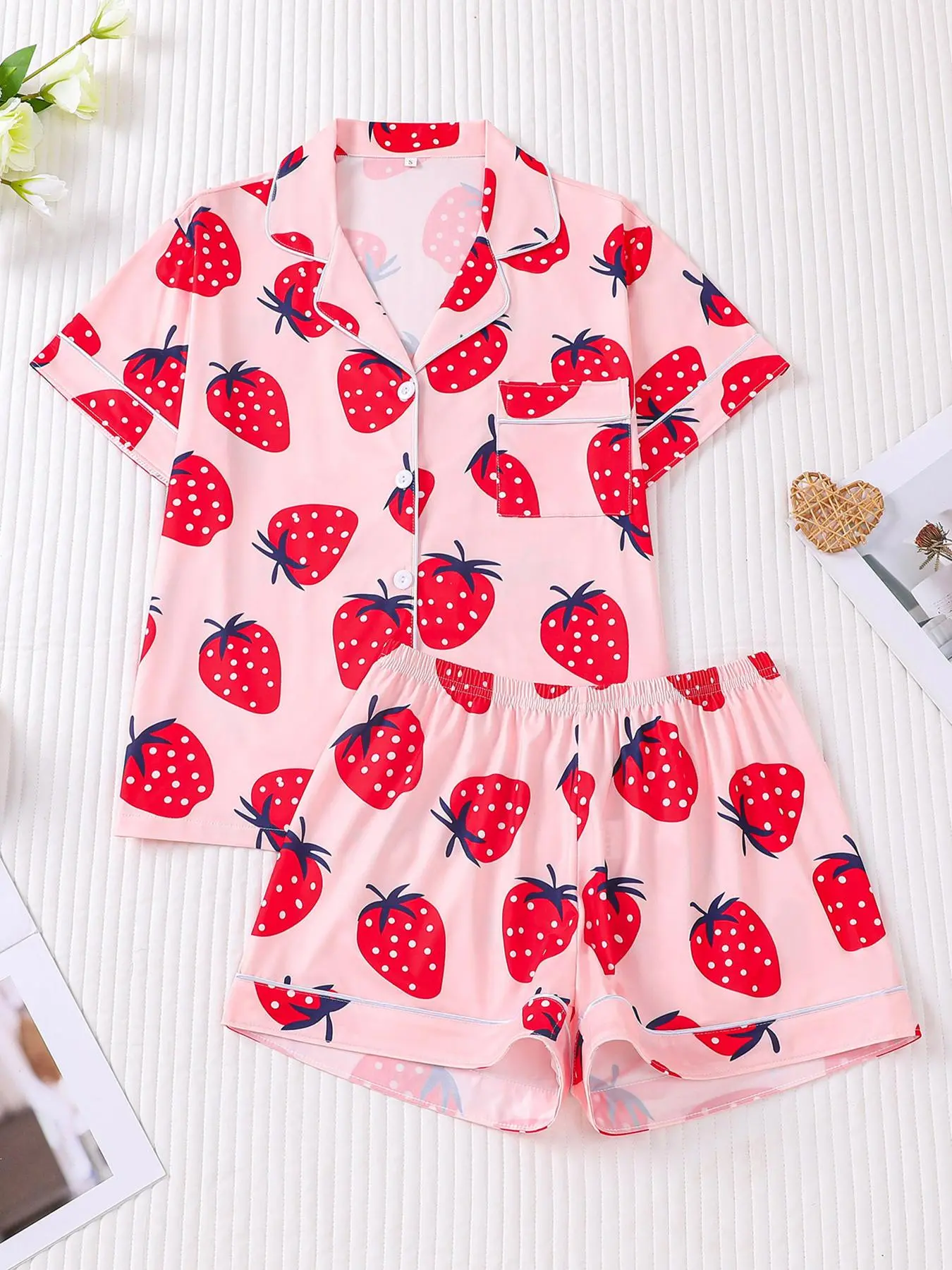 Women's Strawberry Print Lapel Neck Button Front Shirt & Shorts Pyjama Set, Casual Comfy Short Sleeve Pocket Top & Shorts Set, Ladies Sleepwear for Summer, Cozy Loungewear Sleepwear, Womenswear, Loungewear, Pajama Set