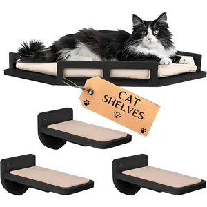 Wall Shelves - Modern and Durable 3 Step  Furniture for Wall - Stylish Birch Floating Shelf for Cats up to 15lbs - Wooden Corner Shelves with Cushioned Perch - Black
