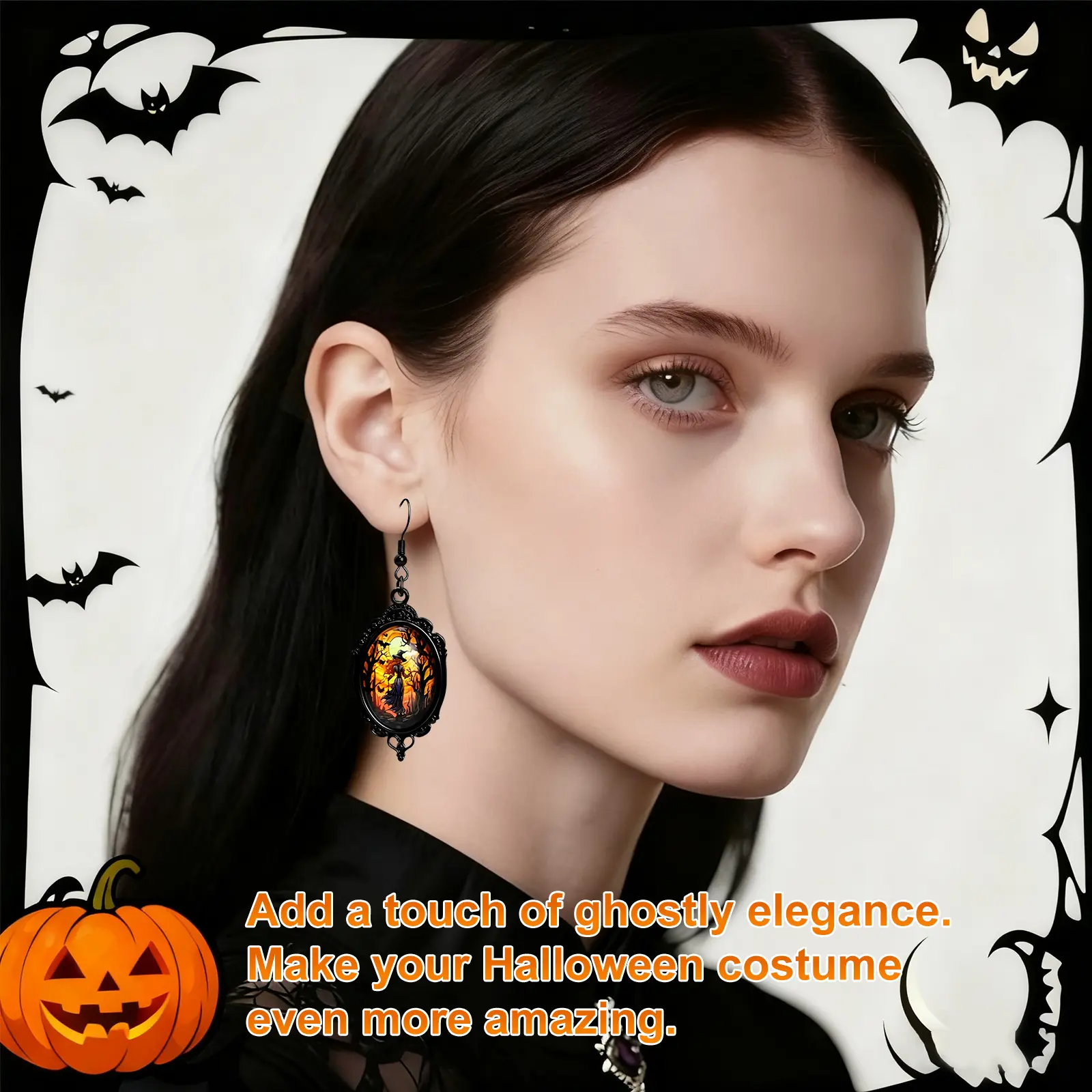 Vintage Black Frame Moon Witch Necklace Earring Set, Dark Gothic Halloween Accessory, Perfect Halloween Goodie Bag Fillers & Festival Presents