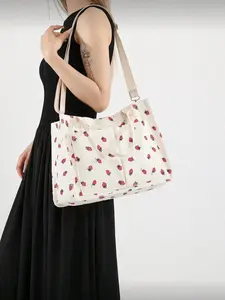 Stylish Casual Multi-Pocket Strawberry Print Shoulder Bag, Large Capacity Handbag with Adjustable Straps, Perfect for Girls & Women