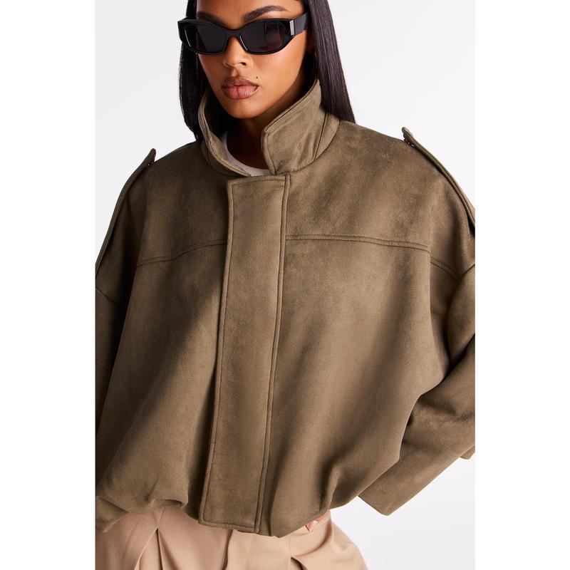 Harlowe Oversized Faux Suede Jacket - Olive