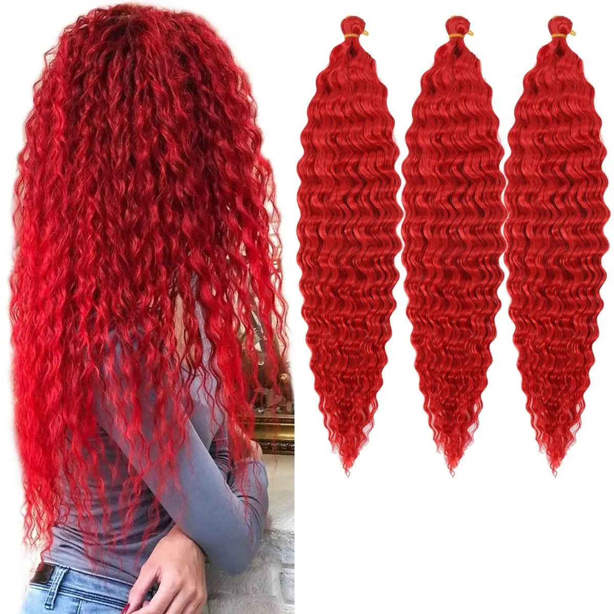 30 inch Ocean Wave Crochet Hair Deep Twist Crochet Hair Extensions Curly Braiding Hair 3 packs Long Wavy Braids For Women Synthetic Crochet Braid Hair (30 inch,Red)
