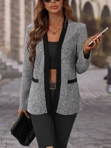 Elegant Colorblock Suit Jacket, Loose Fit Pocket Decorated Commuter Blazer, Formal Workwear, Long Sleeve Medium Length, All Seasons Wear, Business Style