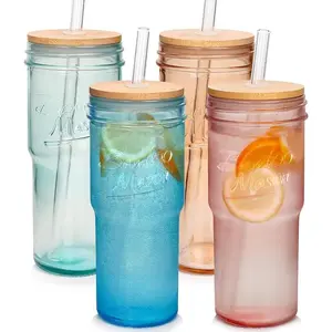 BLACK FRIDAY 24oz Colored Glass Cups with Bamboo Lids and Straws -Travel Coffee Mug Wide Mouth Mason Jar Iced Coffee Cup Smoothie Cup Glass Tumbler Cute Cups Drinking Glasses