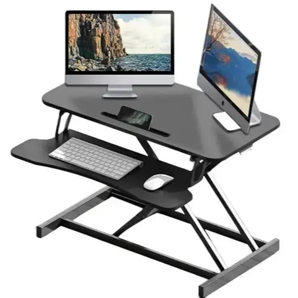 Ergonomic Home Office Standing Desk Converter 32 Inches Adjustable Height with Keyboard Tray Black Versatile Workstation for Enhanced Posture and Prod