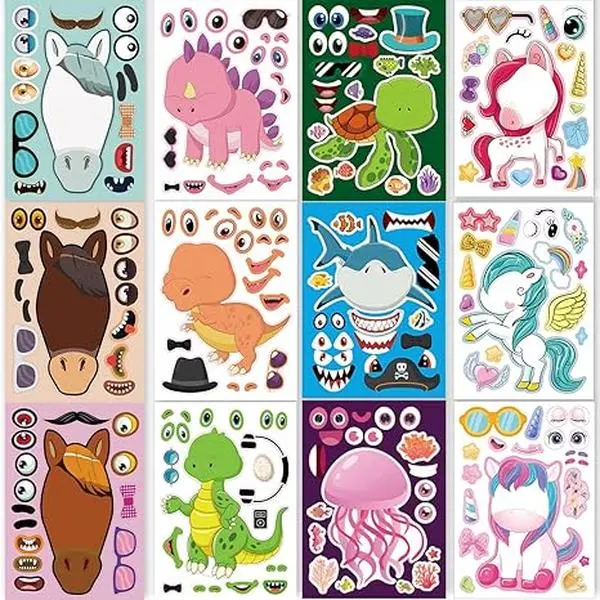 24 Sheets 8.27''×5.9'' Make Your Own Stickers for Kids Toddlers, Make a Face Stickers Mix and Match with Unicorns Dinosaur Horse and Sea Animals for Kids Party Favors Activities