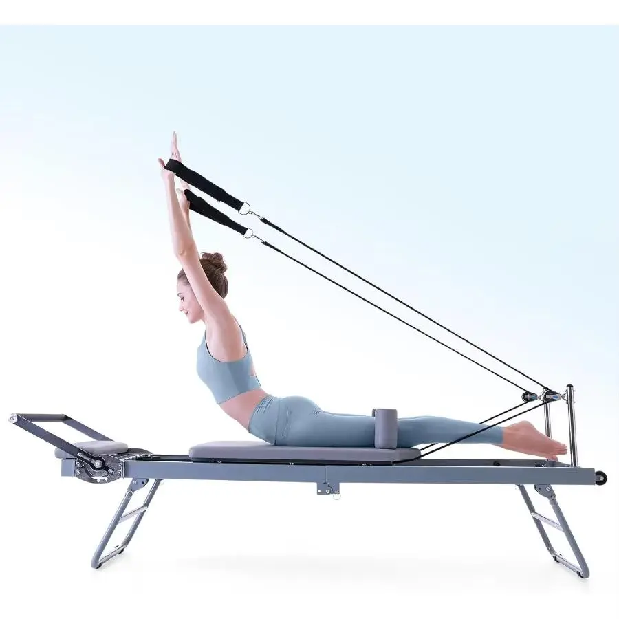 Foldable Pilates Reformer Machine for Home and Gym Use, Designed for Beginners and Intermediates, Sturdy Black Steel Frame with Adjustable Features XMSJ