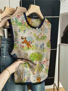 1 piece + Spring/Summer back-to-school casual loose crew neck sleeveless knitted top, contrast dark blue trim,cute animal print, women's knit top for outdoor wear, can be matched with a vest or worn alone