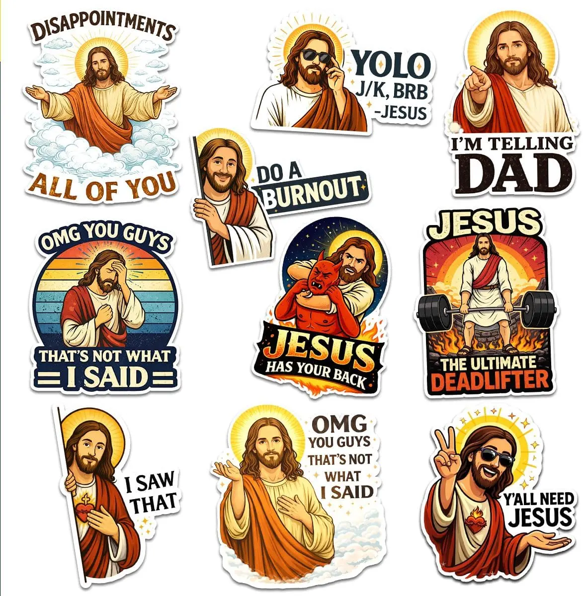 Funny Jesus Stickers, Christian Meme Quotes I’m Telling Dad, YOLO JK BRB Jesus, Jesus Has Your Back Designs Stickers Die-Cut Waterproof for Laptop, Water Bottle, Phone, Window, Helmet
