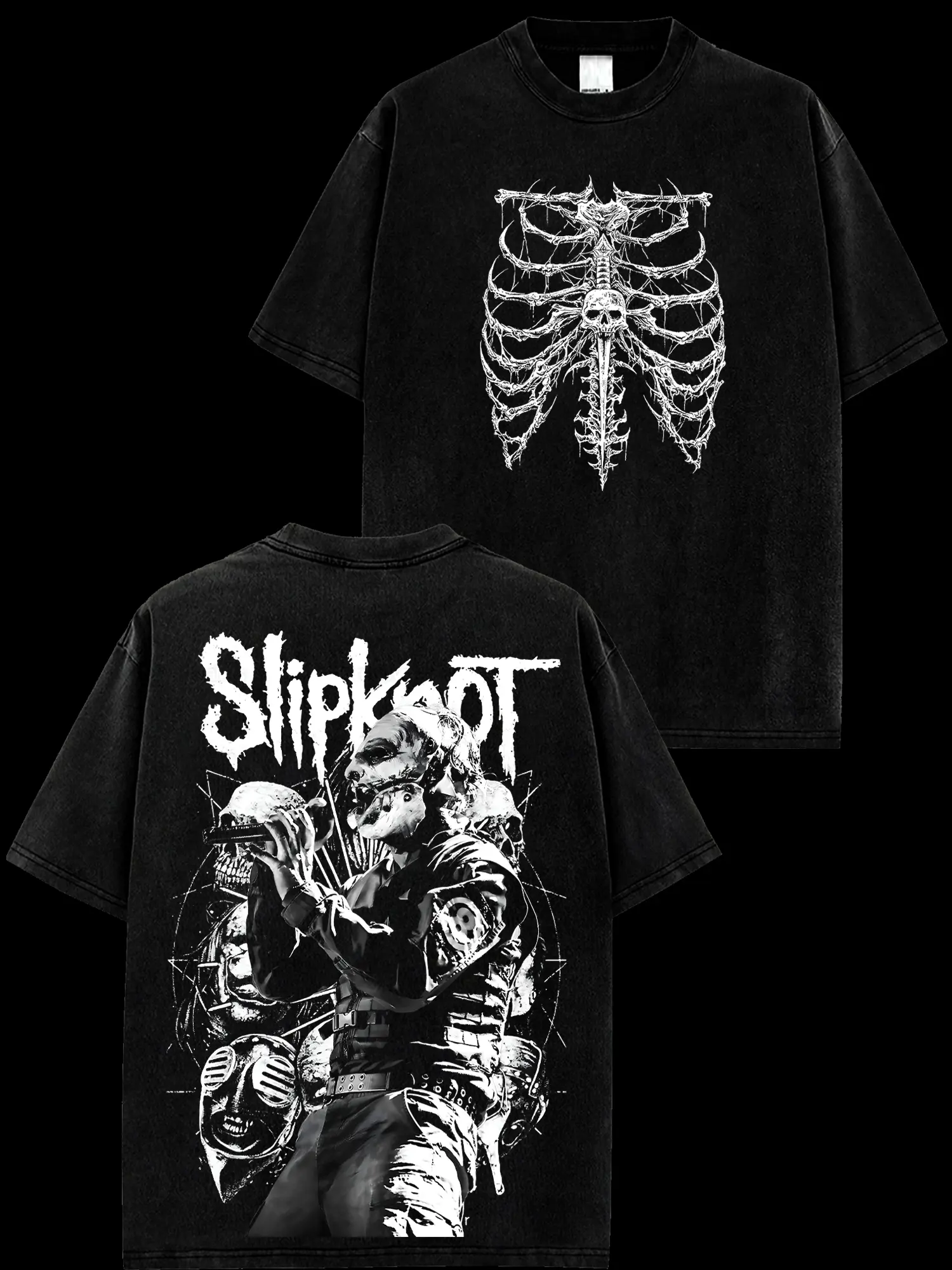[MetalStyle] Slipknot 'Masks Metal' Unisex Acid Washed Hoodie T-Shirt – 100% Heavy Cotton Rock Groove Metal Washed Tee, Groove Metal Rock Band Washed Shirt, Oversized Vintage Tee, Heavy Metal Merch, Gift for Rock Fans