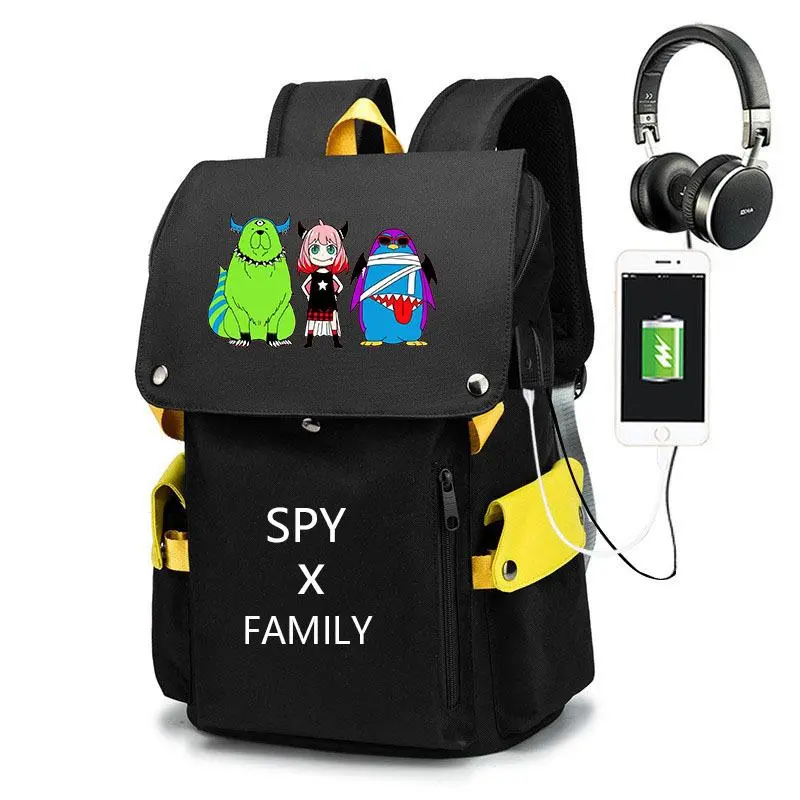 Spy X Family Anya Bond Penguin Cartoon Flap Backpack, Teens Black Yellow Oxford Backpack With USB Charging & Headphone Port
