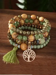 Bohemian Style Tassel Tree of Life Pendant Set, Multi-Layer Wooden Beads Jewelry, Elegant Necklace & Bracelet Accessory, Bohemian Bracelets