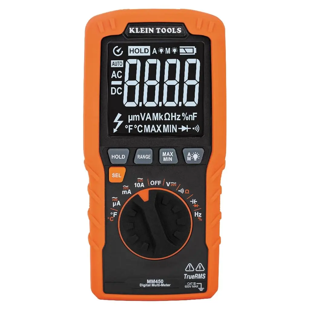 Klein Tools MM450 Multimeter, Slim Digital Meter, Auto-Ranging TRMS, 600V AC/DC Voltage, Current, Resistance, Temp, Frequency, Continuity, Orange