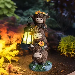 Cute Highland Cow Stack Statue with Solar Lantern, Yard Art Decor, Perfect Holiday & Housewarming Gift, Unique Outdoor Decoration