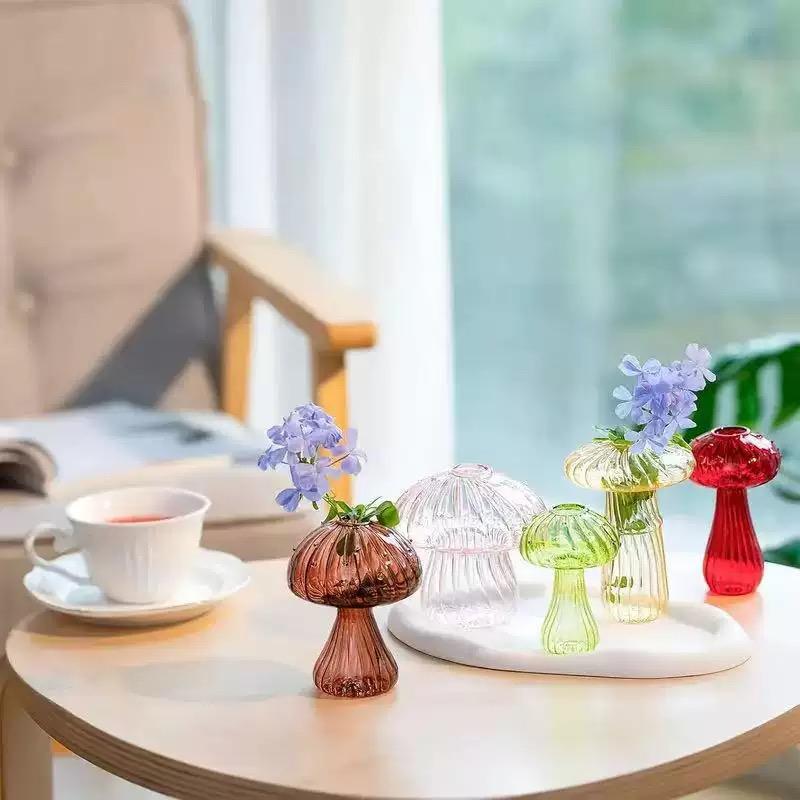 5-Pack Cute Mushroom Glass Vase Set, Mini Ribbed Mushroom Bud Vases, Colorful Aesthetic Tabletop Decor, Fairycore Home Decor for Bedroom and Living Room