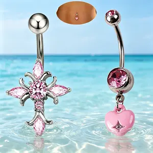 2PCS 14G Belly Piercing Jewelry Set,316L Stainless Steel Floating Navel Belly Piercing for Women,Cross Shaped Belly Ring Kit Pink Peach Heart Belly Button Ring