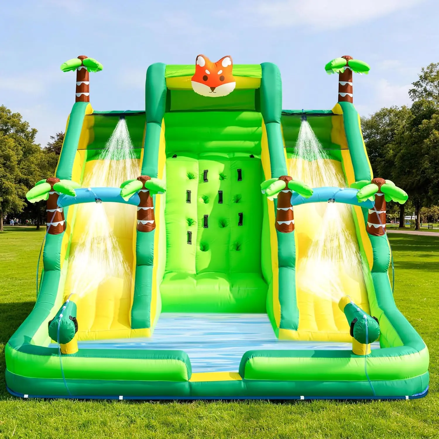 17FT Oxford Inflatable Water Slide Built in Swimming Pool Slide Climbing and Water Spray Device Wet and Dry Dual-Use Family Version Water Park Pool Party Summer Carnival Supplies Easy Setup & Storage