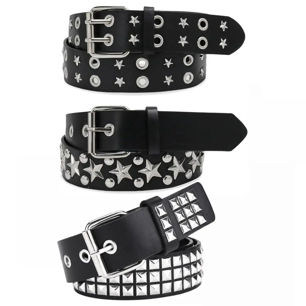 3 pieces punk style PU leather belt set, adjustable rock rivet belt, suitable for jeans and work pants, unisex