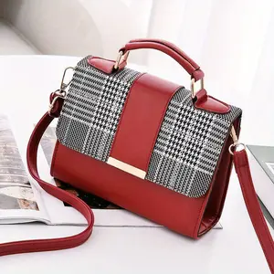 Stylish Plaid Handbag for Women with Snap Closure Crossbody Bag Top Handle Flap Wallet Red Accents Daily Use Fashion Accessory
