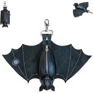 Gothic Bat Wing Coin Purse,Leather Bat Coin Purse, Hand-sewn Hanging Bat Zippered Coin Holder, a Bat Wallet Featuring a Zippered Coin Pocket And Keychain