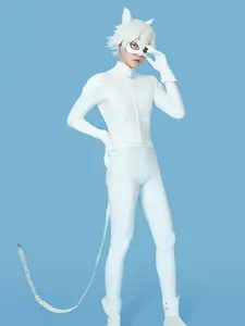 [Officially Licensed] Miraculous Cat Blanc Cosplay Costume White Elastic Leather Jumpsuit Halloween Costume Unisex
