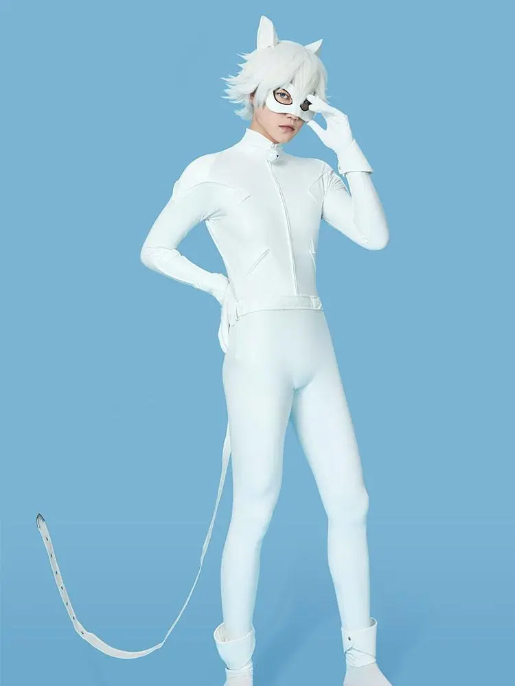 [Officially Licensed] Miraculous Cat Blanc Cosplay Costume White Elastic Leather Jumpsuit Halloween Costume Unisex