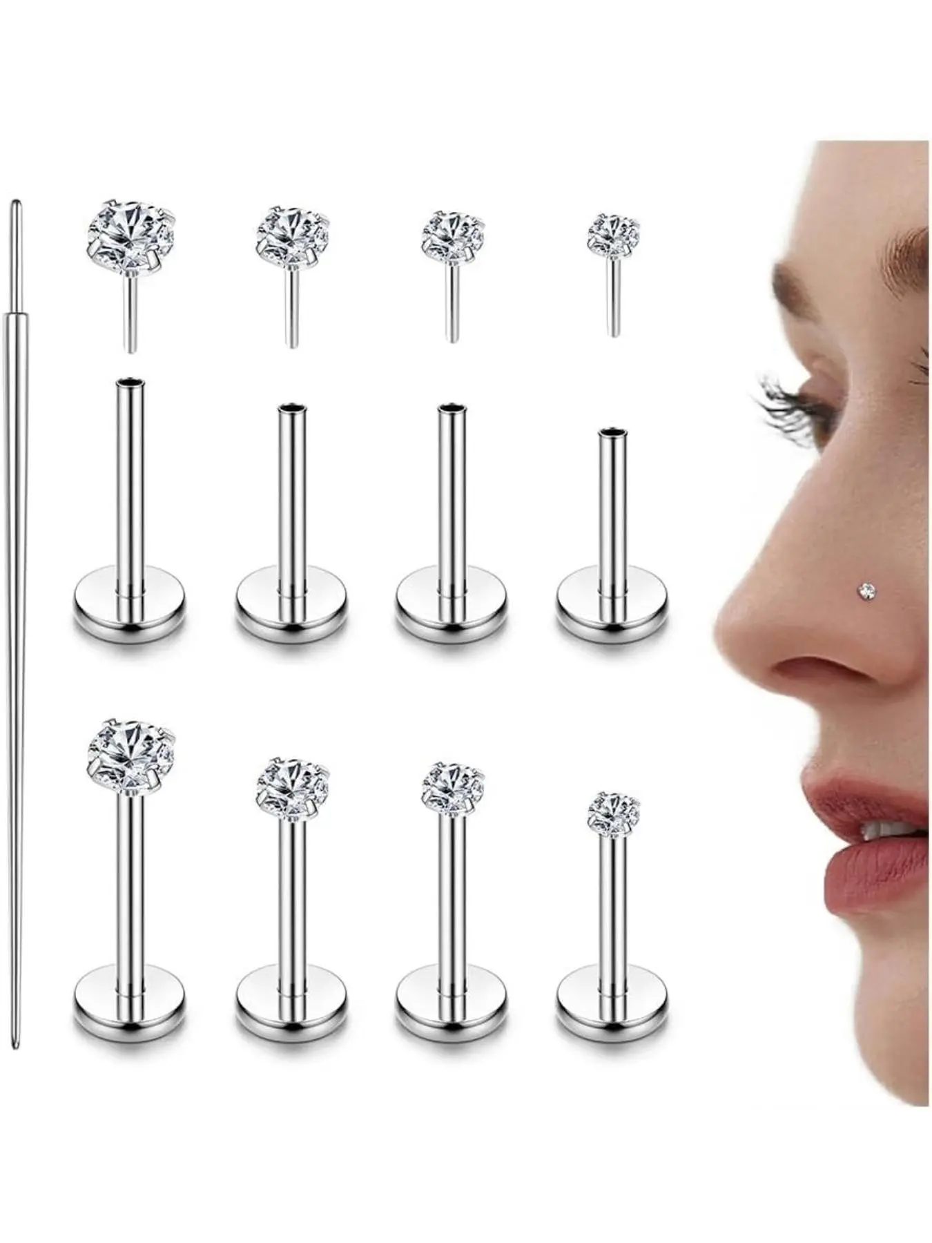 14k Threadless Nose Studs, Cz Nose Rings for Women & Men, 316L Surgical Steel, Labret Studs, Lip Rings, All Seasons Body Jewelry, Body Jewellery