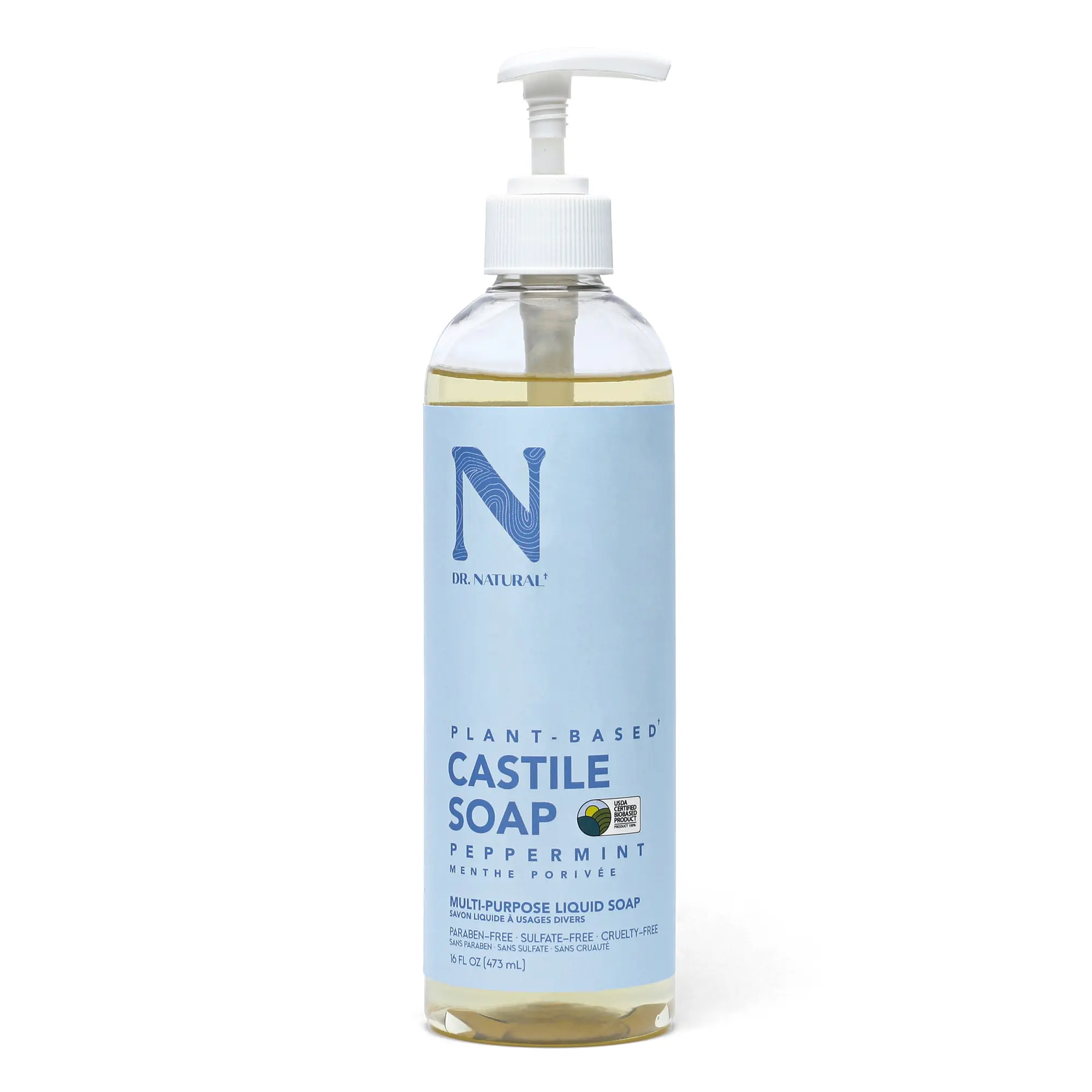 Dr. Natural Peppermint Castile Liquid Soap, Multi-Use Body Wash, Shampoo and Face Wash - 16 oz