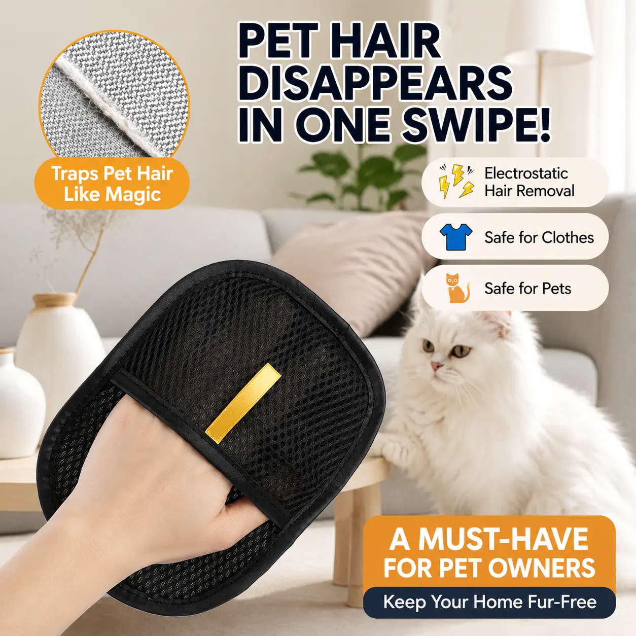 Upgrade Pet Hair Remover Electrostatic Gloves-1pcs，Reusable Pet Hair Removal Glove for Cats & Dogs, Premium Cat & Dog Hair Remover Mitt for Couch Furniture Carpet Car Seat，#SummerVibes