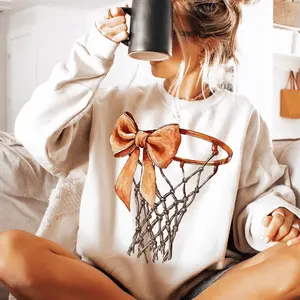 Coquette Bow Basketball Game Day Hop Crewneck Sweatshirt Basketball Mama Mom Coquette Game Day Unisex Cotton Sweatshirt