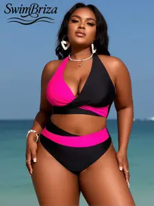 Briza｜Plus Size Swimwear Two-Piece Swimsuit For Women With Wrap Halter Color Block Hot Pink And Black High Waisted Bikini Sets As Vacation Swimwear For Women And Bathing Suit Women Set With Tummy Control Swimwear For Confident Beach Getaway