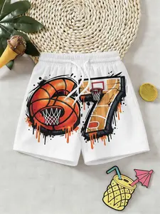 Trendy Boys' Basketball Shorts, 67 Number Printed 3D Beach Pants, Dopa Sport Style Kids Vacation Shorts, Perfect for Outdoor Activities, Sports Style, Athletic Wear, Sports Apparel