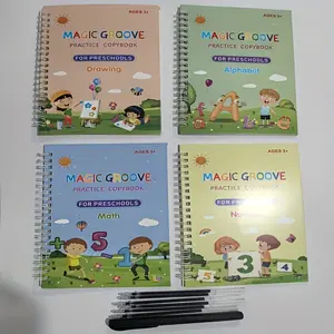 Reusable Writing Practice Books Set for Kids, Includes Children Tracing Workbook, Comfortable Slot Pen Grip & Refill, 4-Piece Large Size